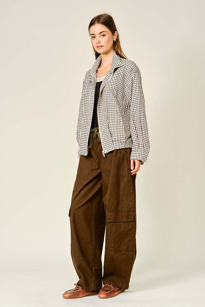 Plaid Funnel Neck Zip-Up Jacket