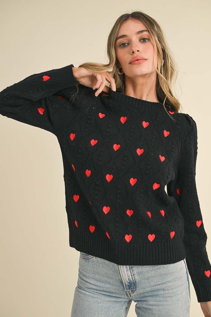 Heart Embroidery Pom Pom Sweater
