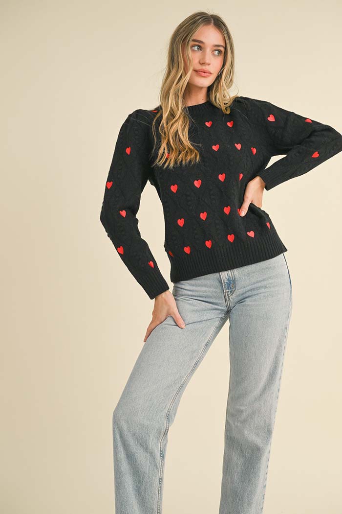 Heart Embroidery Pom Pom Sweater