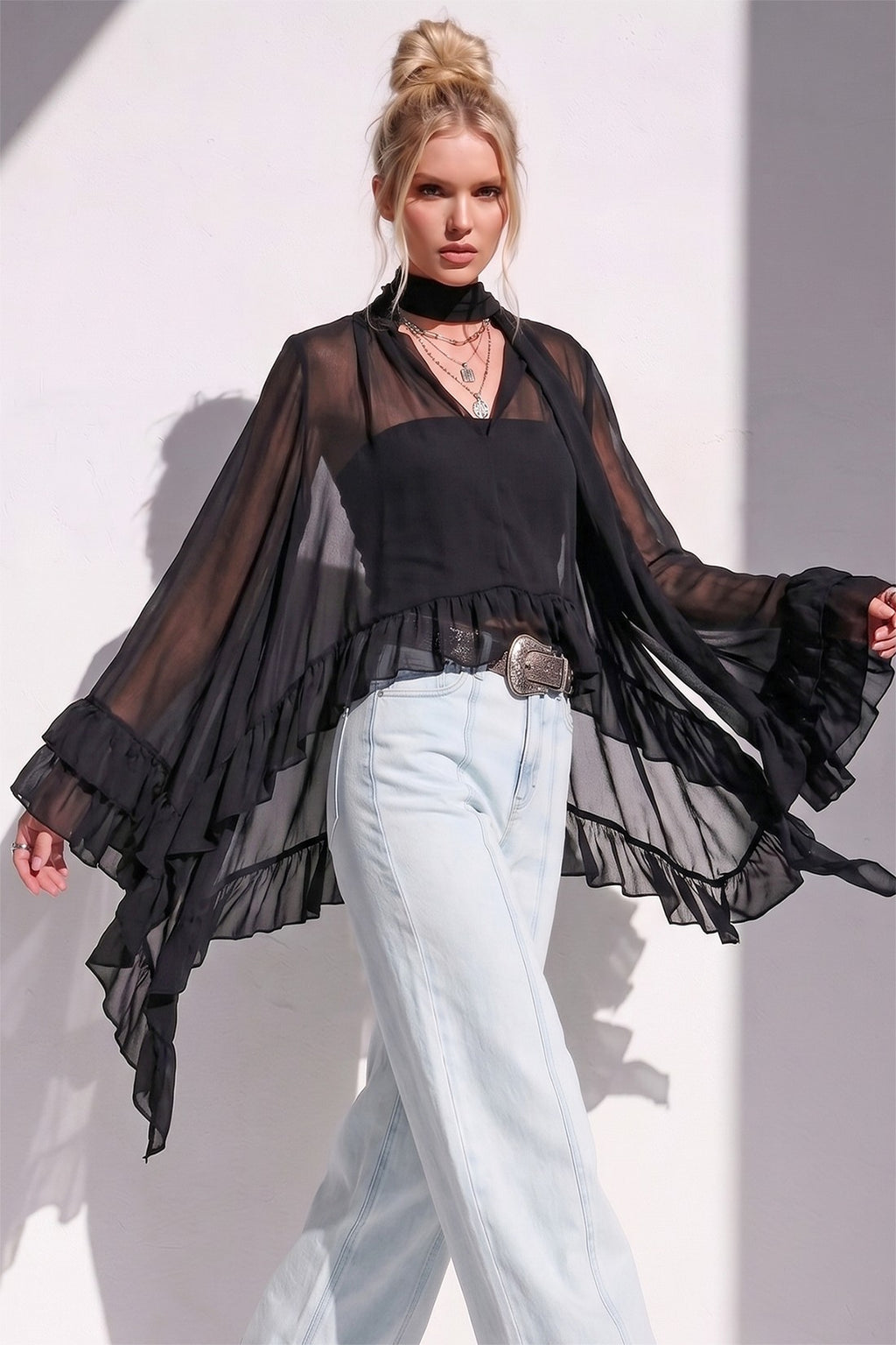 Sheer Ruffled High-Low Tie-Neck Blouse