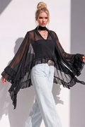 Sheer Ruffled High-Low Tie-Neck Blouse