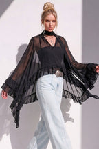 Sheer Ruffled High-Low Tie-Neck Blouse