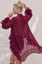 Sheer Ruffled High-Low Tie-Neck Blouse