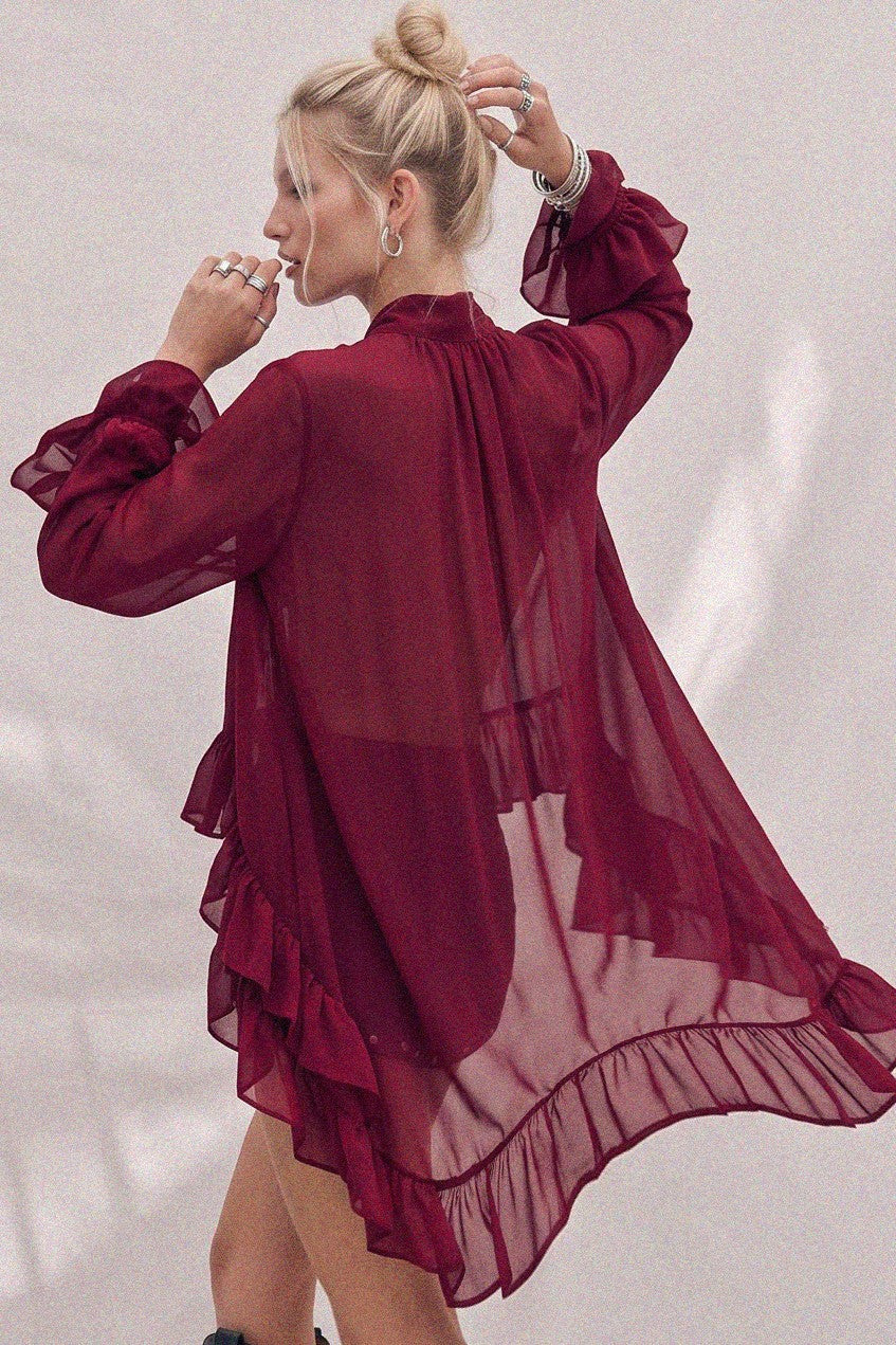Sheer Ruffled High-Low Tie-Neck Blouse