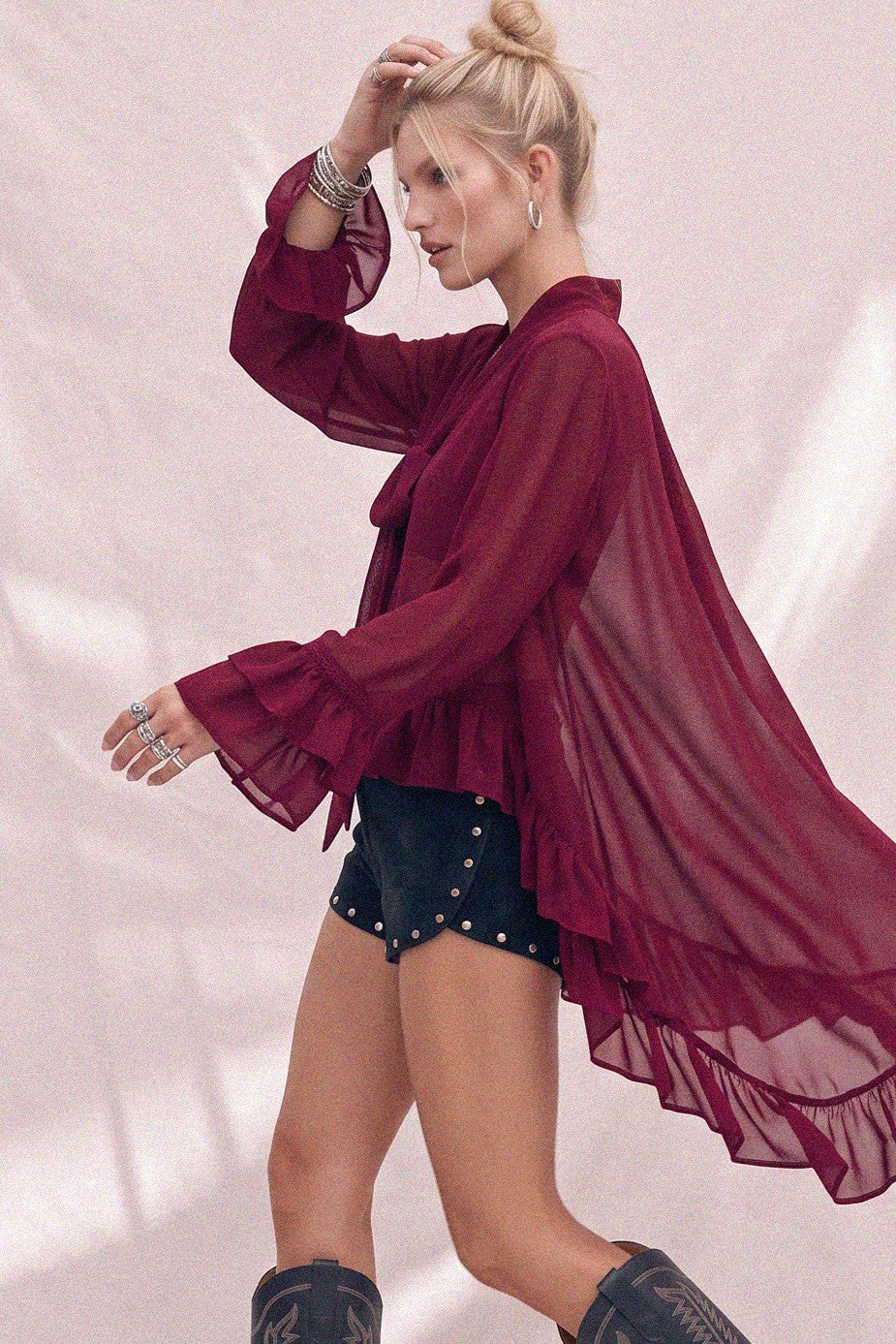 Sheer Ruffled High-Low Tie-Neck Blouse