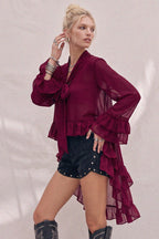 Sheer Ruffled High-Low Tie-Neck Blouse