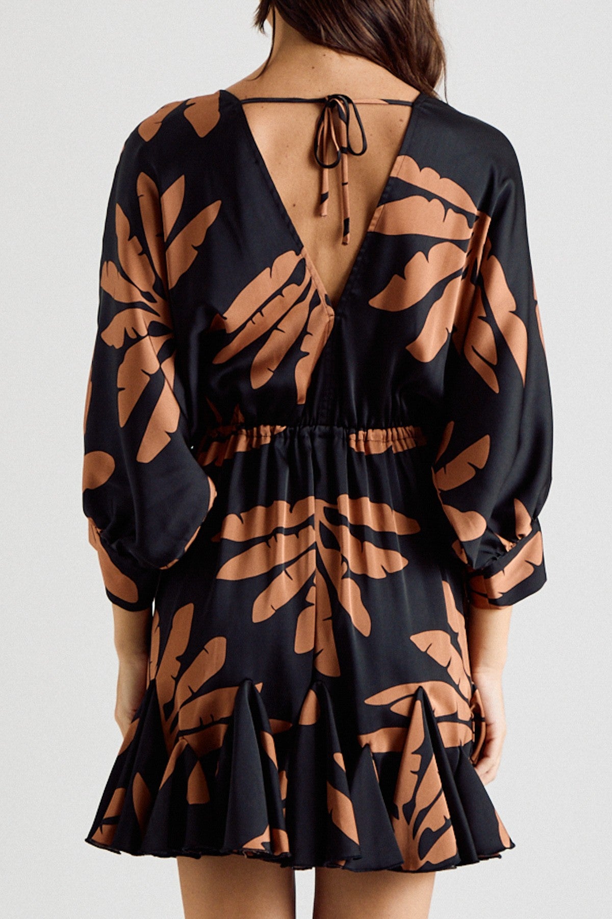 Three-Quarter Sleeve Tie Waist Print Mini Dress