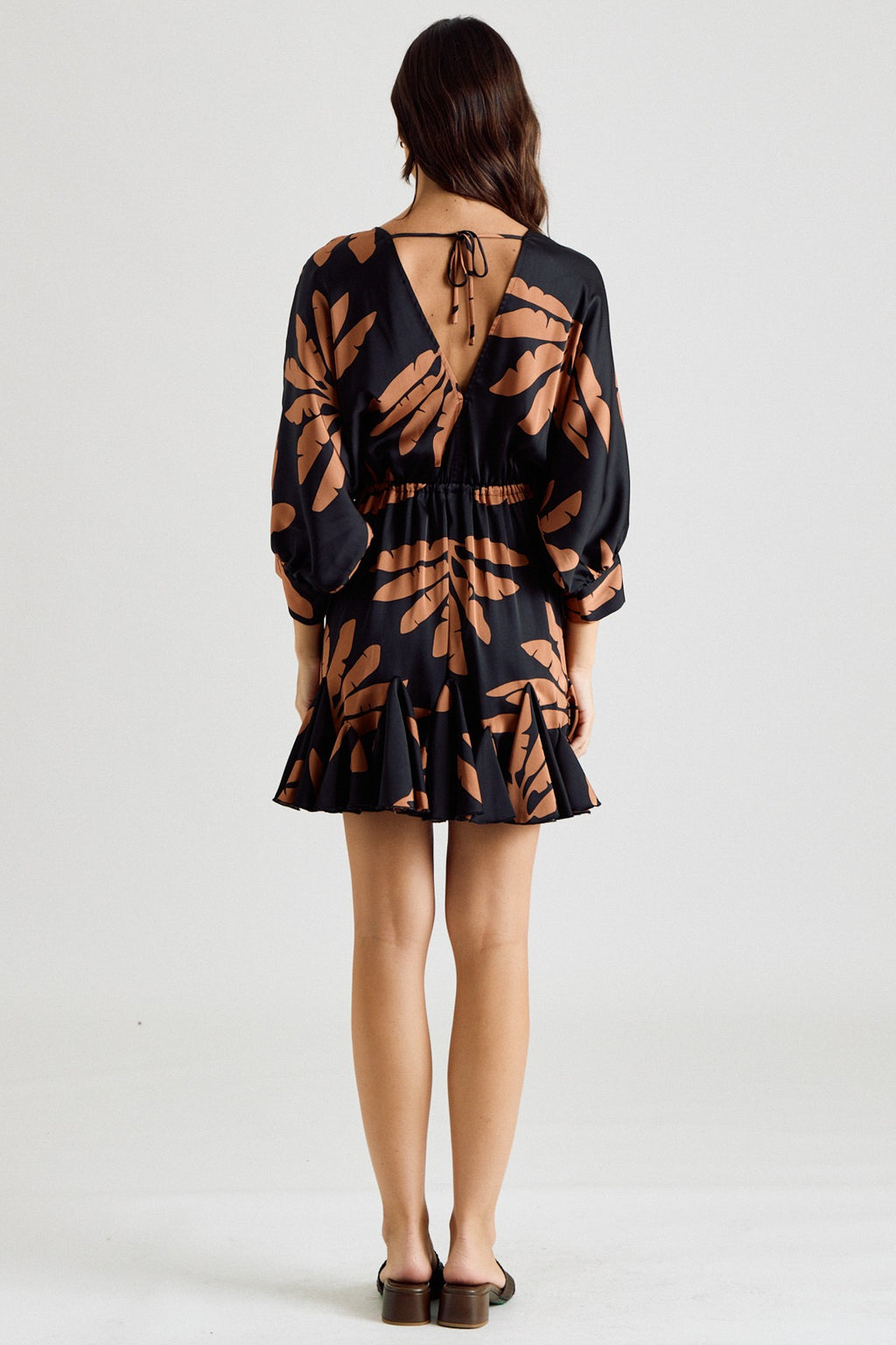 Three-Quarter Sleeve Tie Waist Print Mini Dress