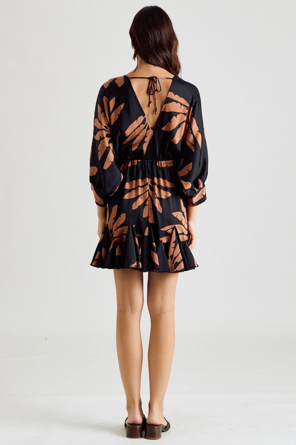Three-Quarter Sleeve Tie Waist Print Mini Dress