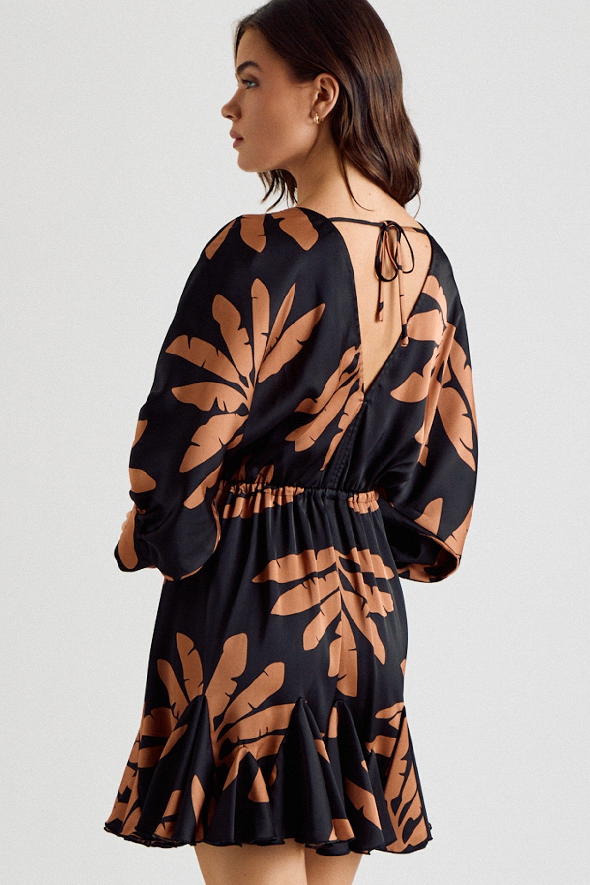 Three-Quarter Sleeve Tie Waist Print Mini Dress