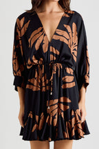 Three-Quarter Sleeve Tie Waist Print Mini Dress