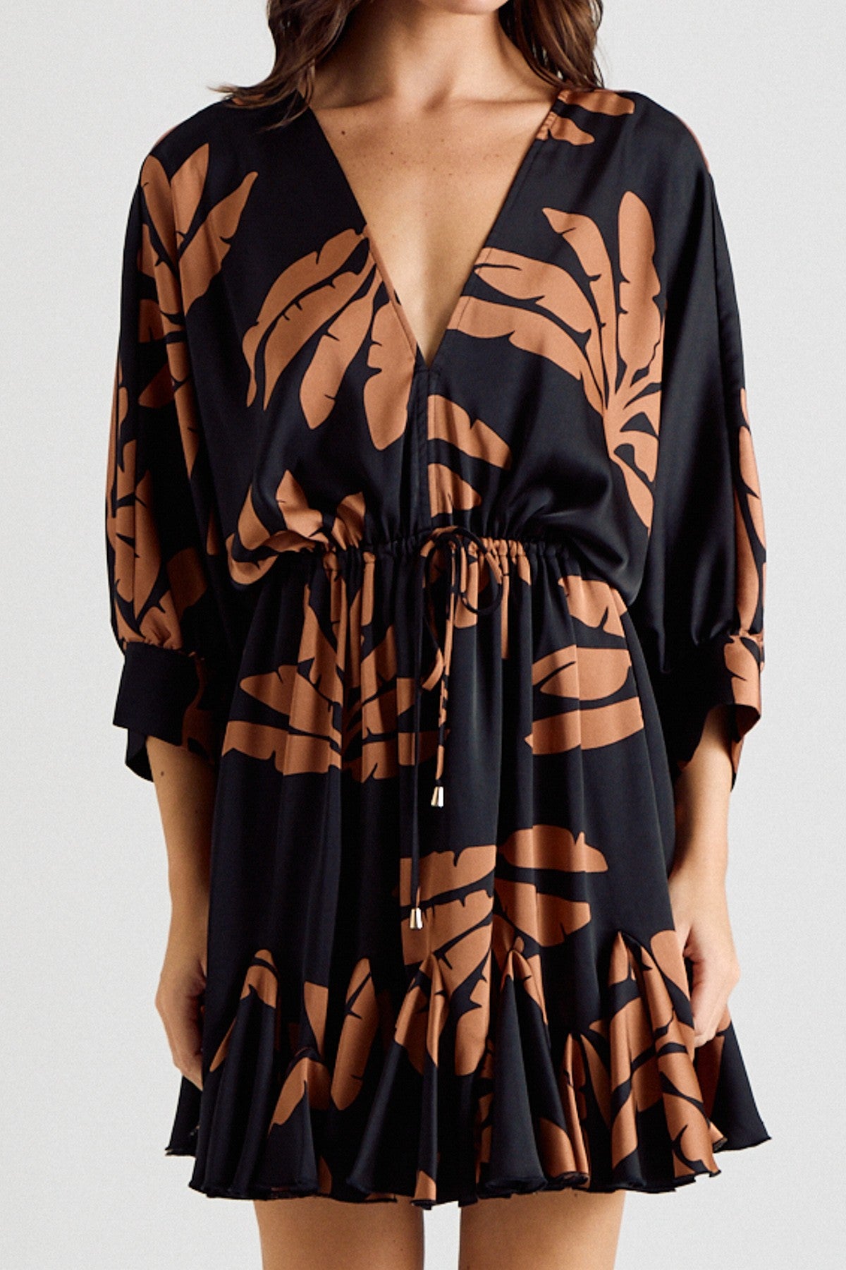 Three-Quarter Sleeve Tie Waist Print Mini Dress
