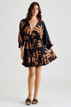 Three-Quarter Sleeve Tie Waist Print Mini Dress