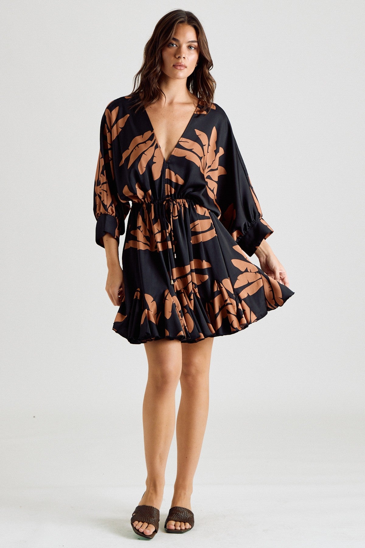 Three-Quarter Sleeve Tie Waist Print Mini Dress