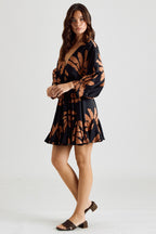 Three-Quarter Sleeve Tie Waist Print Mini Dress