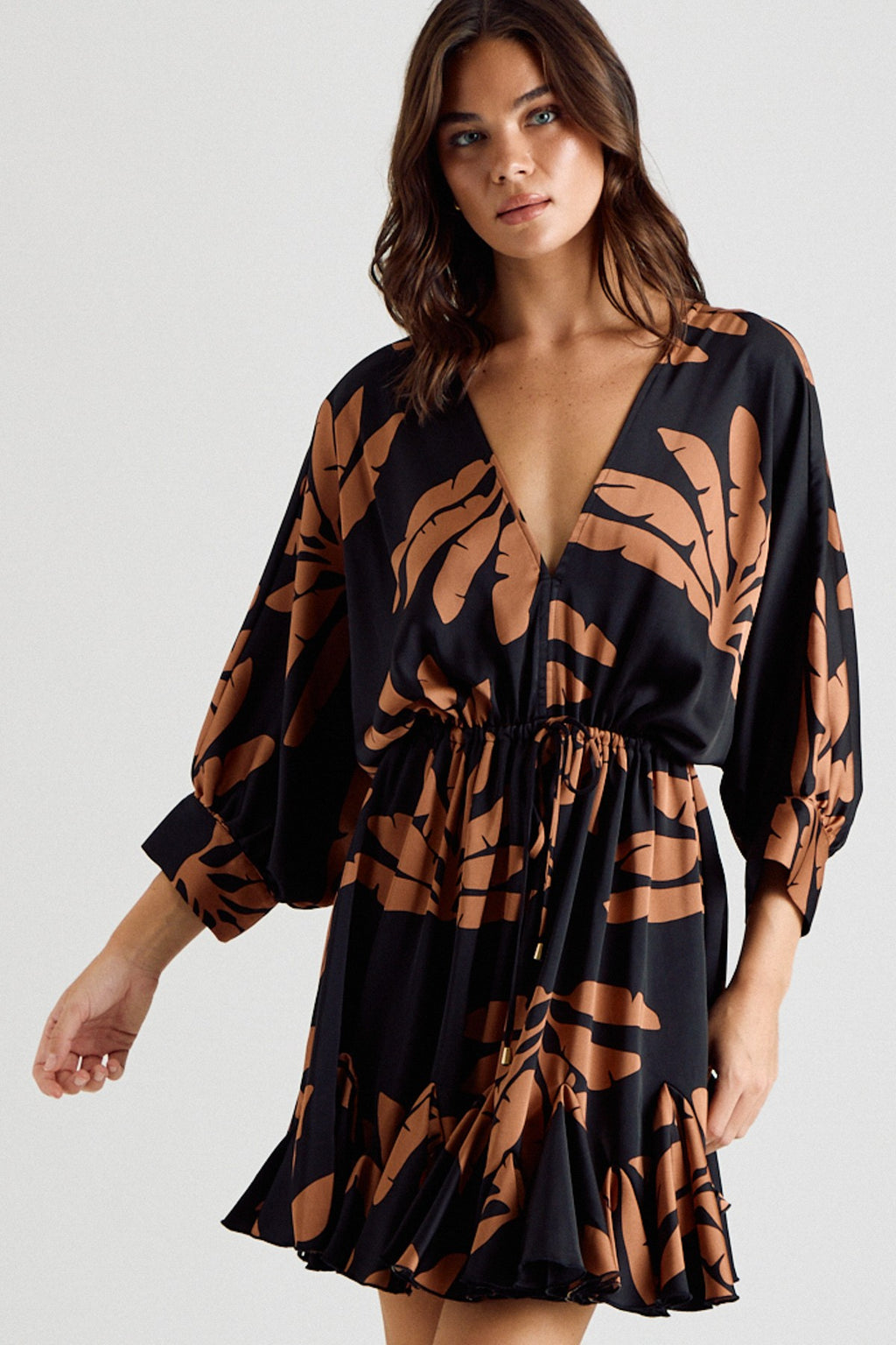 Three-Quarter Sleeve Tie Waist Print Mini Dress