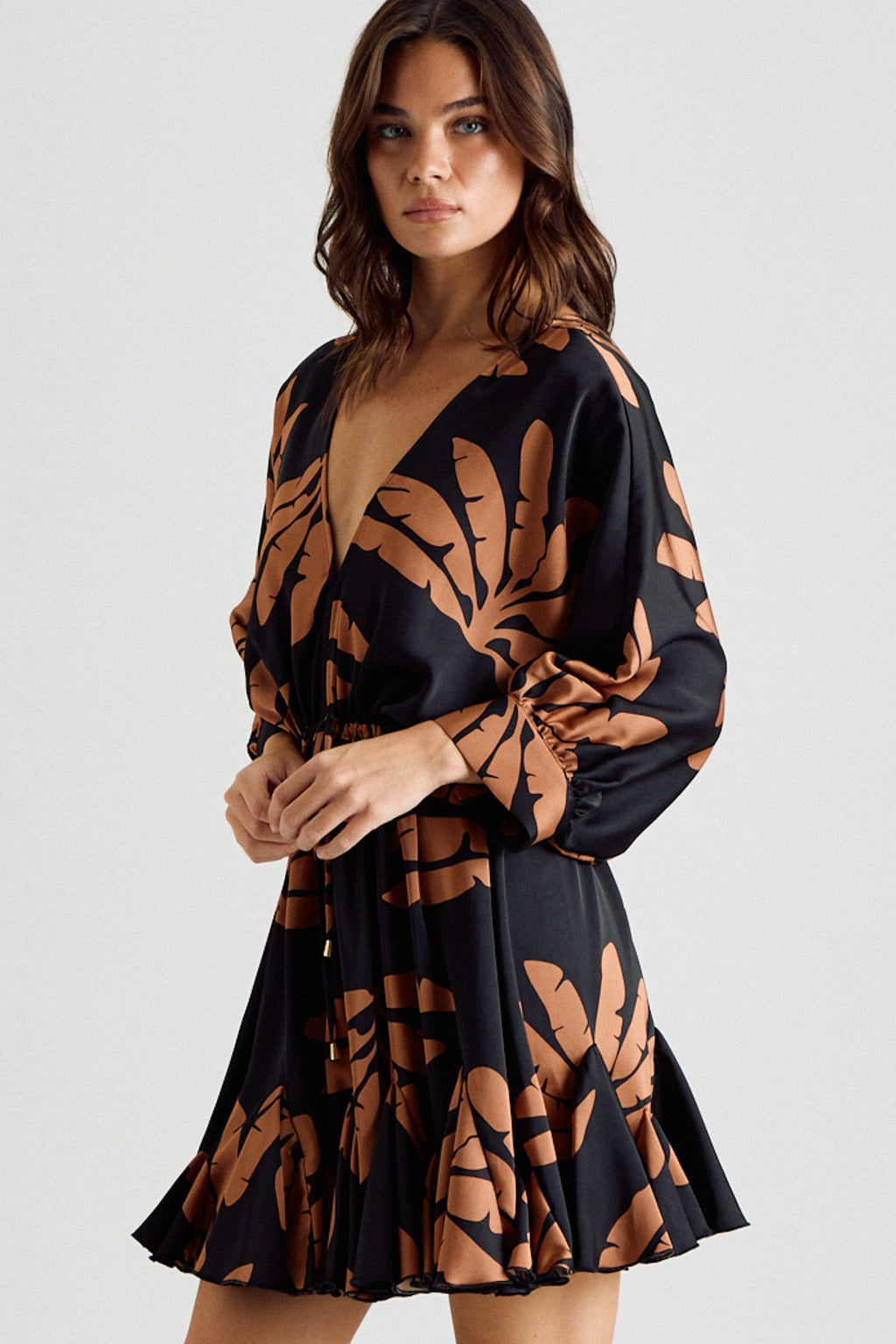 Three-Quarter Sleeve Tie Waist Print Mini Dress