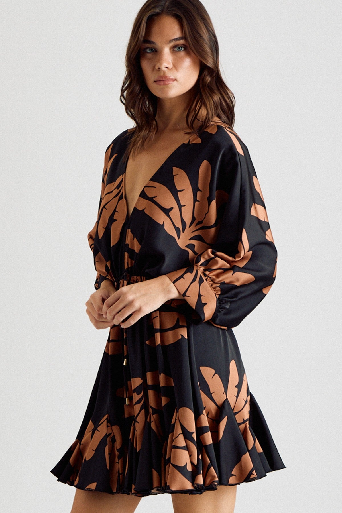 Three-Quarter Sleeve Tie Waist Print Mini Dress