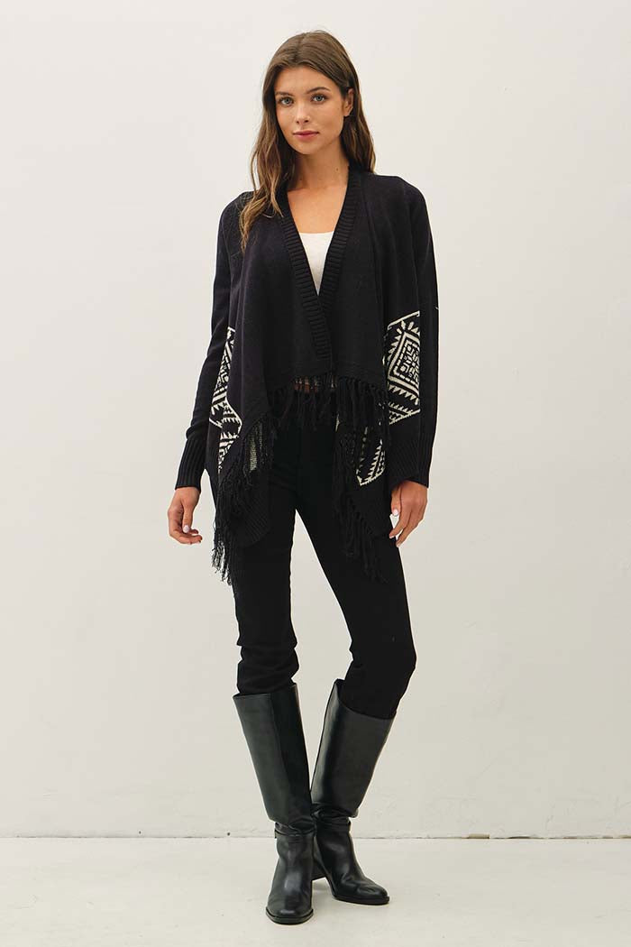 Aztec Jacquard Fringe Poncho Cardigan
