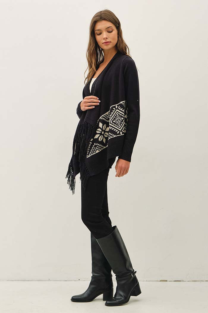 Aztec Jacquard Fringe Poncho Cardigan