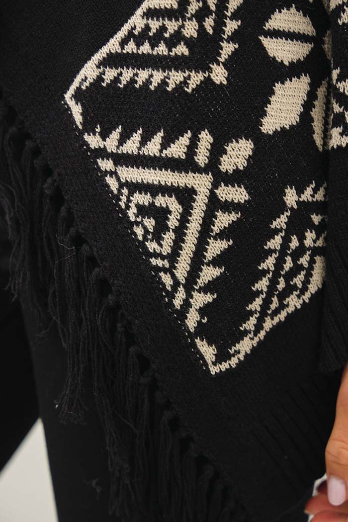 Aztec Jacquard Fringe Poncho Cardigan
